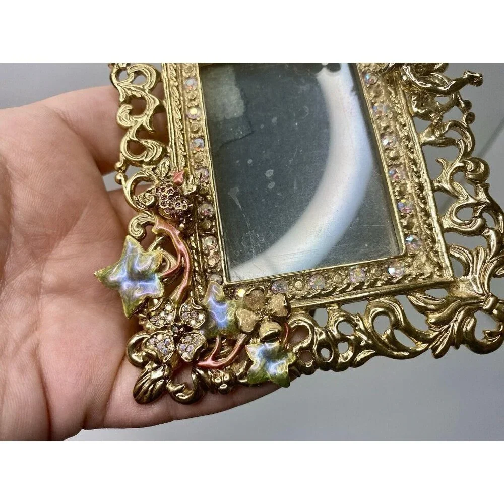 Kirks Folly Signed Picture‎ Frame Rhinestone Grapes Cherub Bird Easel Back